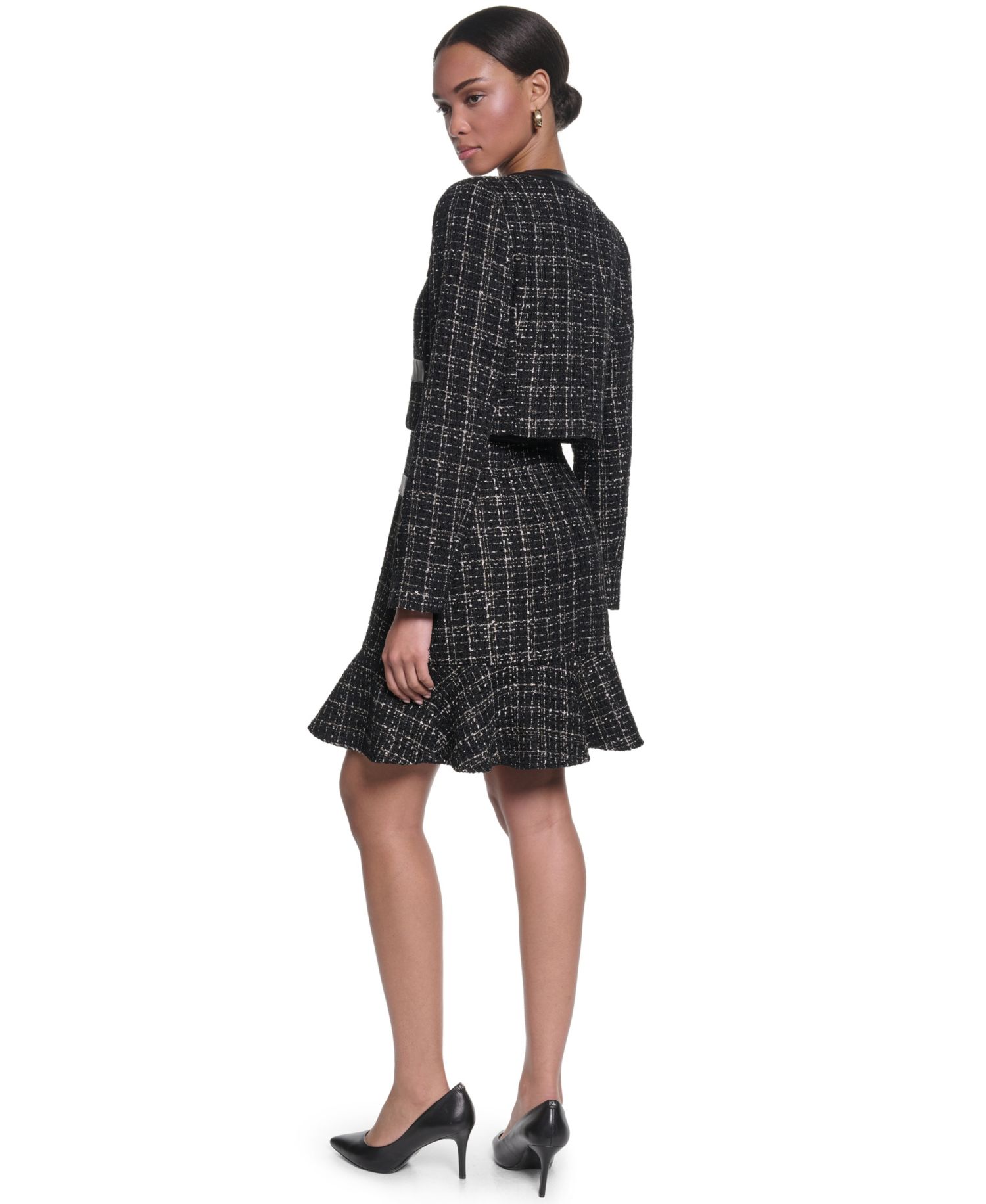 Women's Metallic Tweed Jacket with Faux Leather Trim