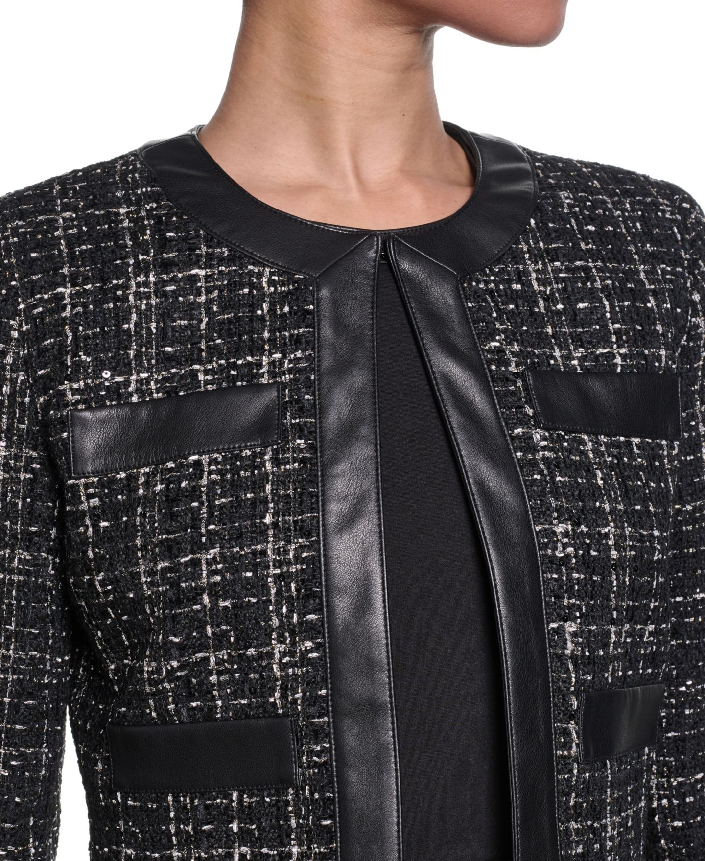 Женская куртка KARL LAGERFELD PARIS Metallic Tweed Jacket with Faux Leather Trim, цвет: Чёрный / Золотой разноцветный — фото 4