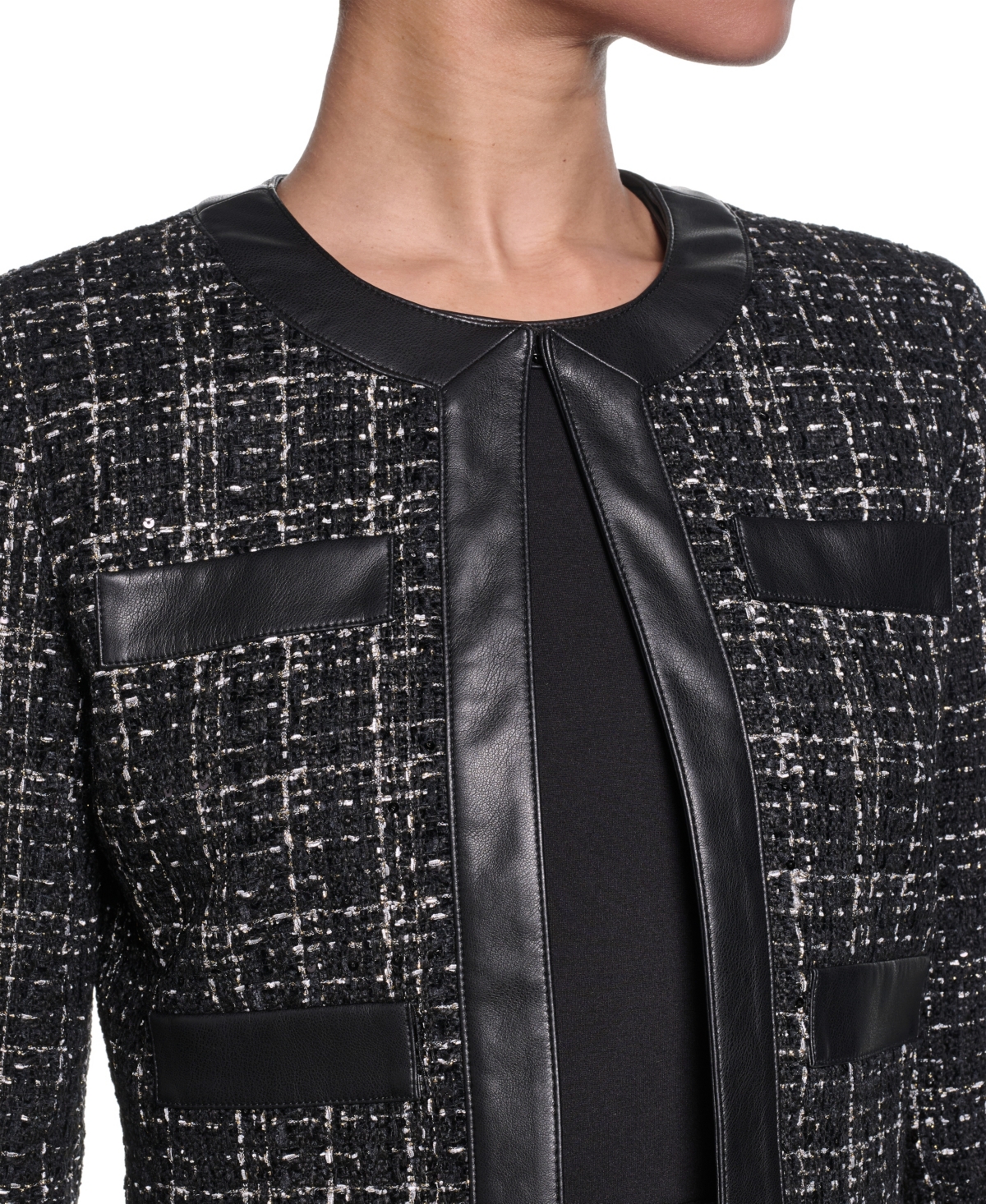 Karl Lagerfeld Paris Women's Metallic Tweed Jacket with Faux Leather Trim