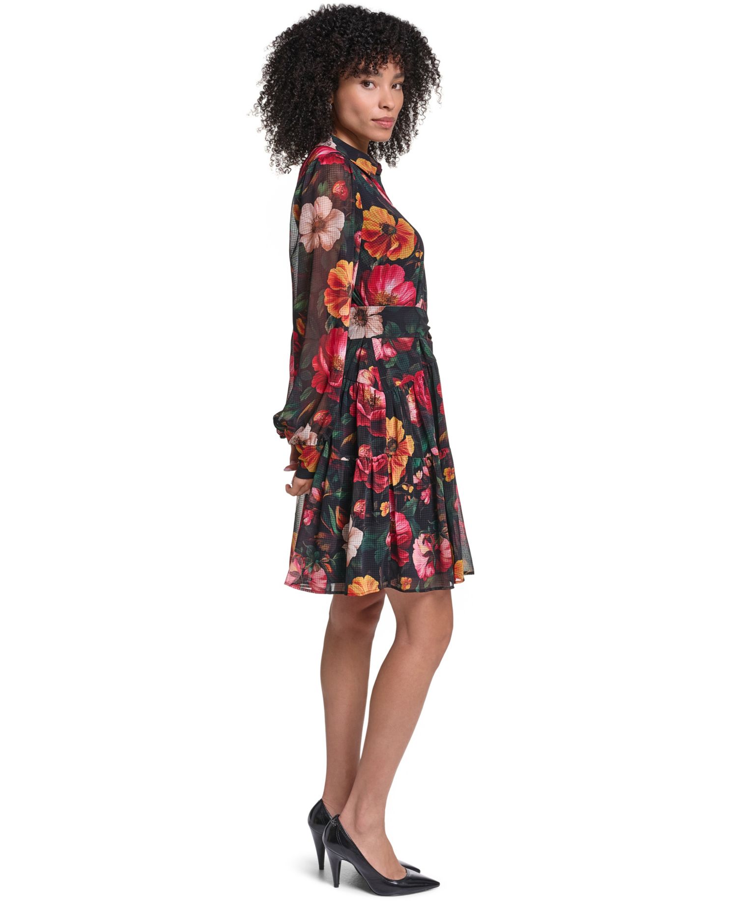 Women's Printed Grid Chiffon Shirtdress