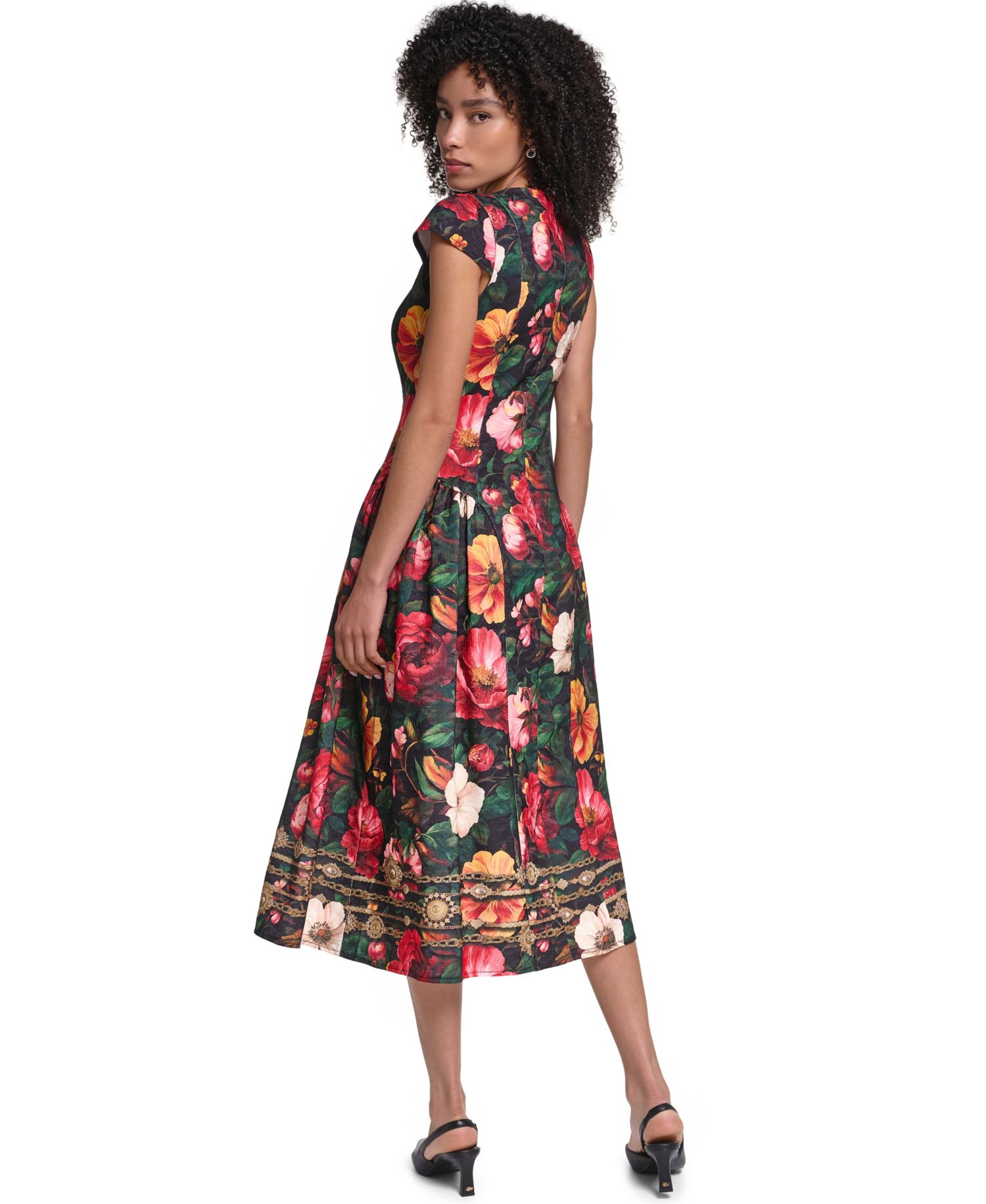 Women's Floral Print Jacquard Fit & Flare Midi Dress