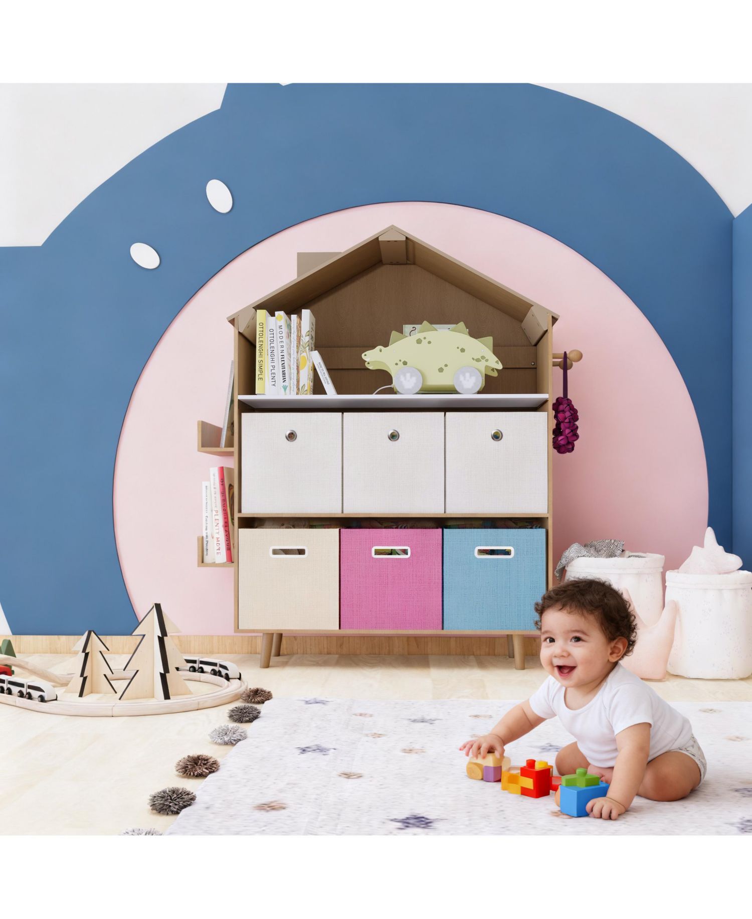 House-Style Kids Storage Cabinet, Multi-Bin Toy Organizer and Book Display Bookcase for Playrooms & Bedrooms