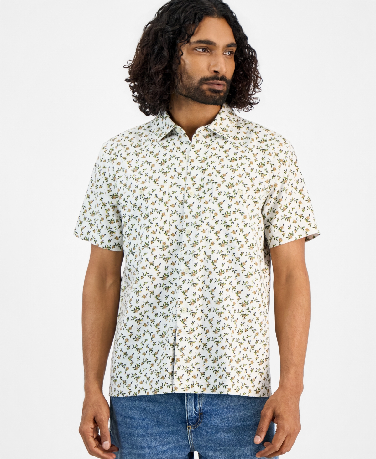 Sun + Stone Men's Short-sleeve Victor Ditsy Floral Shirt, Macy's Exclusive In Vintage White