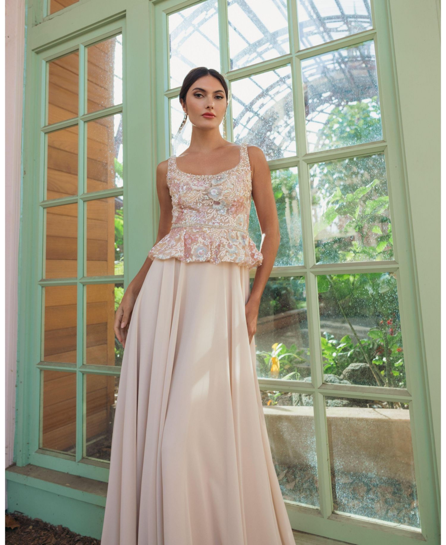 Petite Embroidered Peplum Top With Chiffon Skirt Gown
