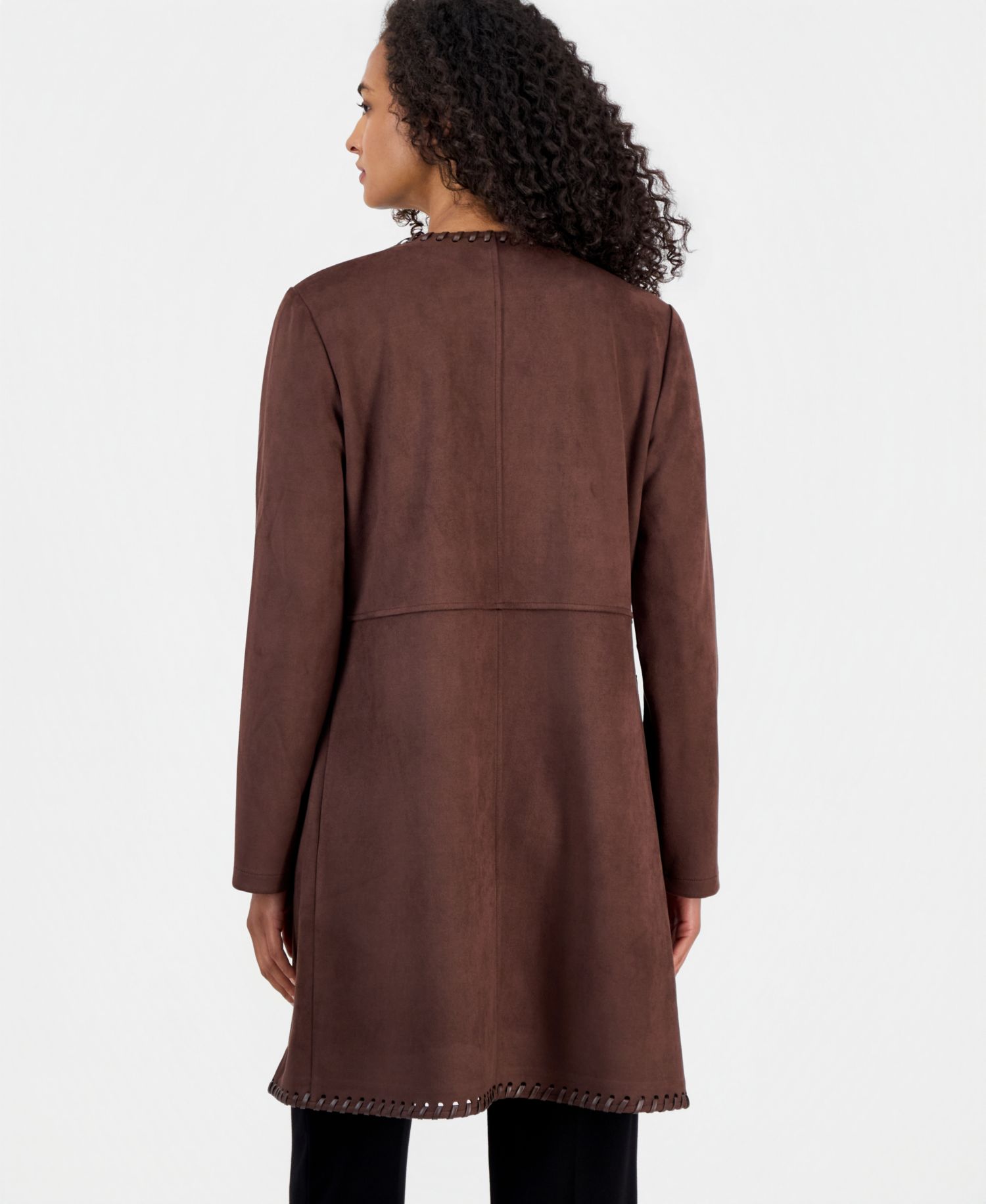 Women's Open-Front Faux-Leather Whipstitch Cardigan