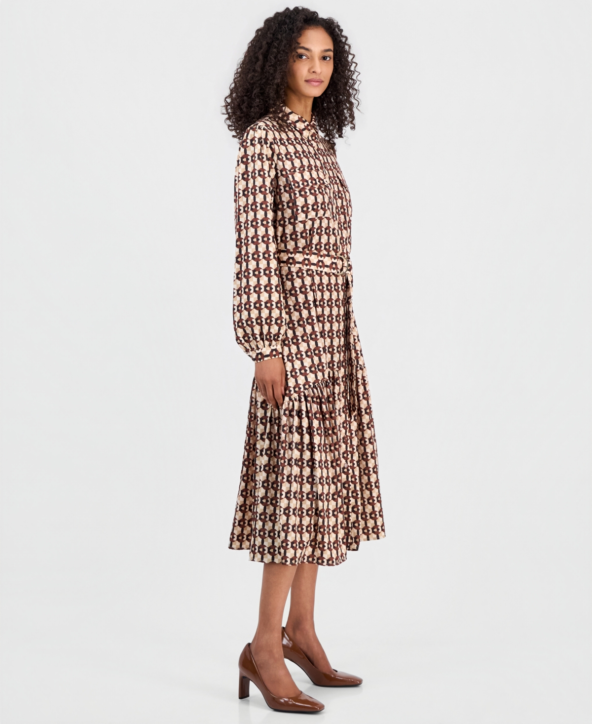 T Tahari Women's Long-Sleeve Button-Down Peplum Midi Dress