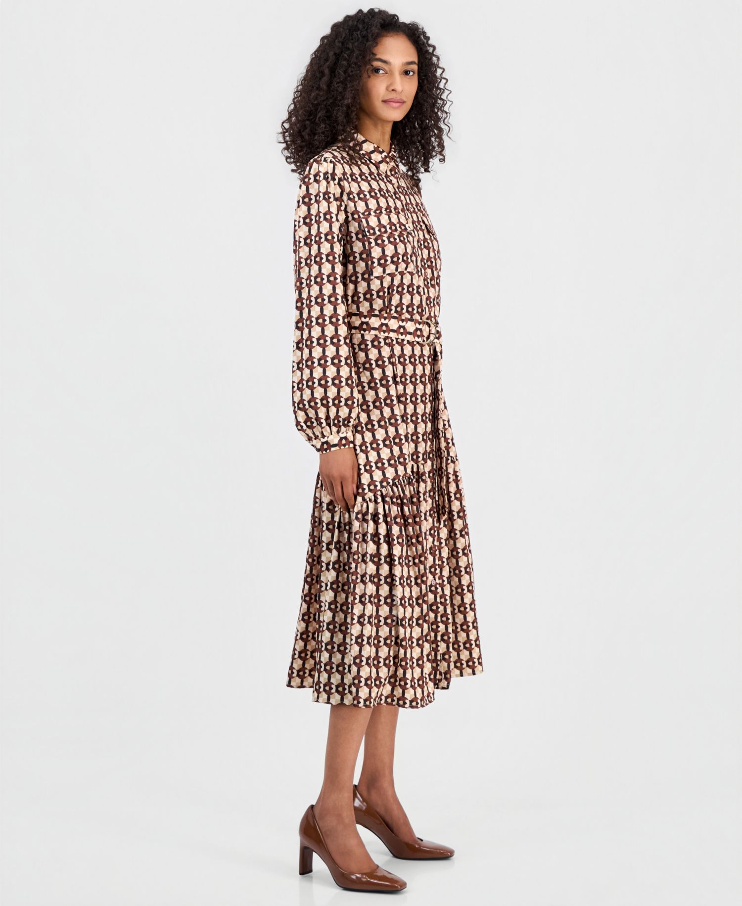 Women's Long-Sleeve Button-Down Peplum Midi Dress
