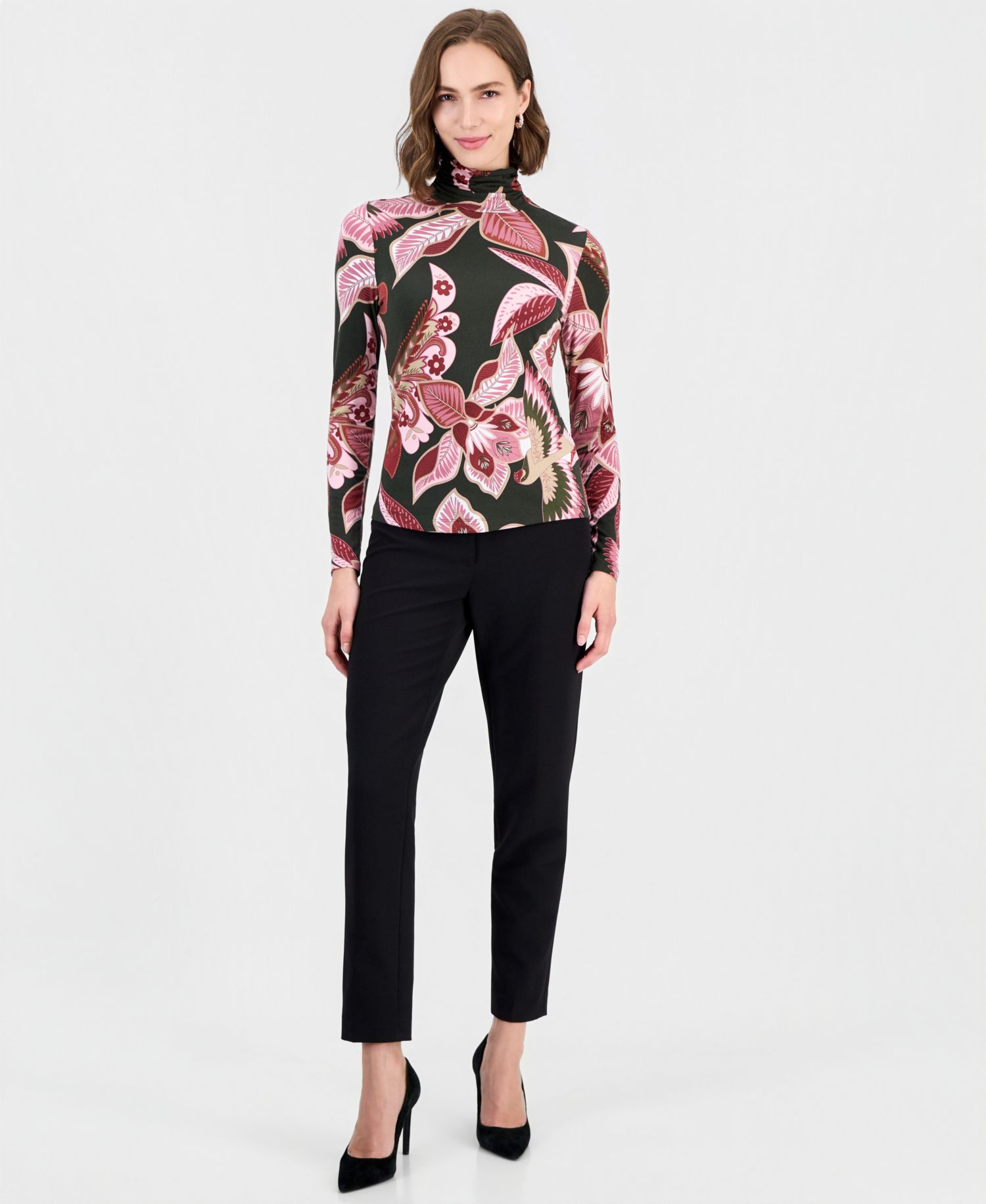 Women's Floral Mock-Neck Back-Zip Blouse