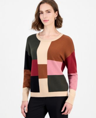 Women's Colorblock Crewneck Long-Sleeve Pullover Sweater