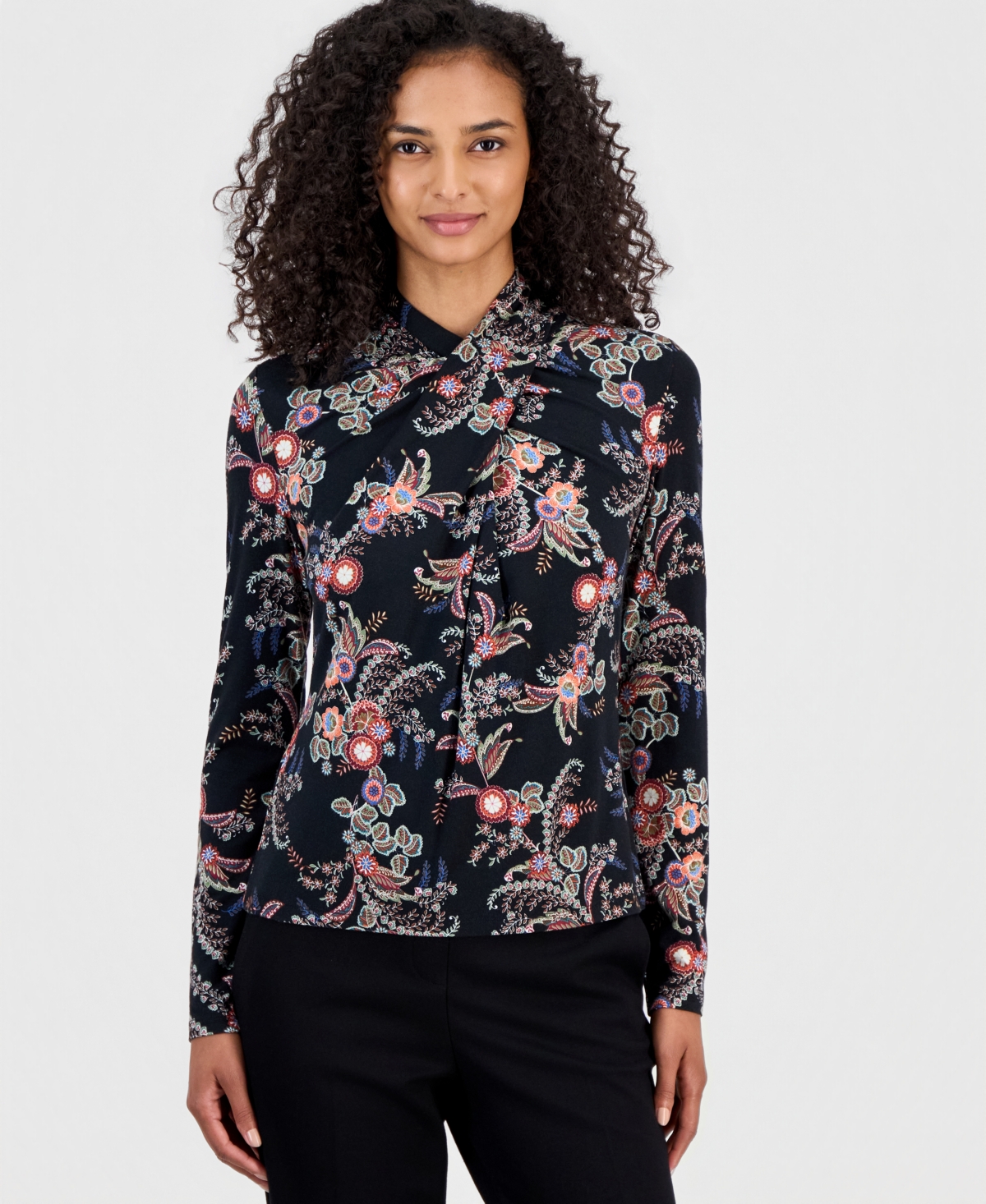 T Tahari Women's Long-Sleeve Paisley Draped-Neck Blouse