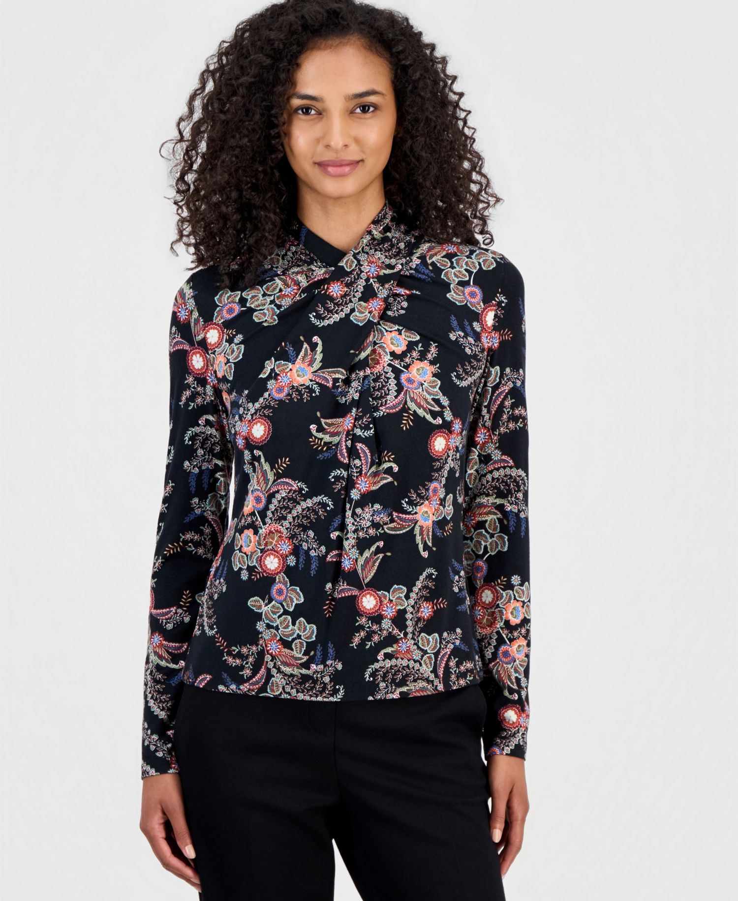 Women's Long-Sleeve Paisley Draped-Neck Blouse