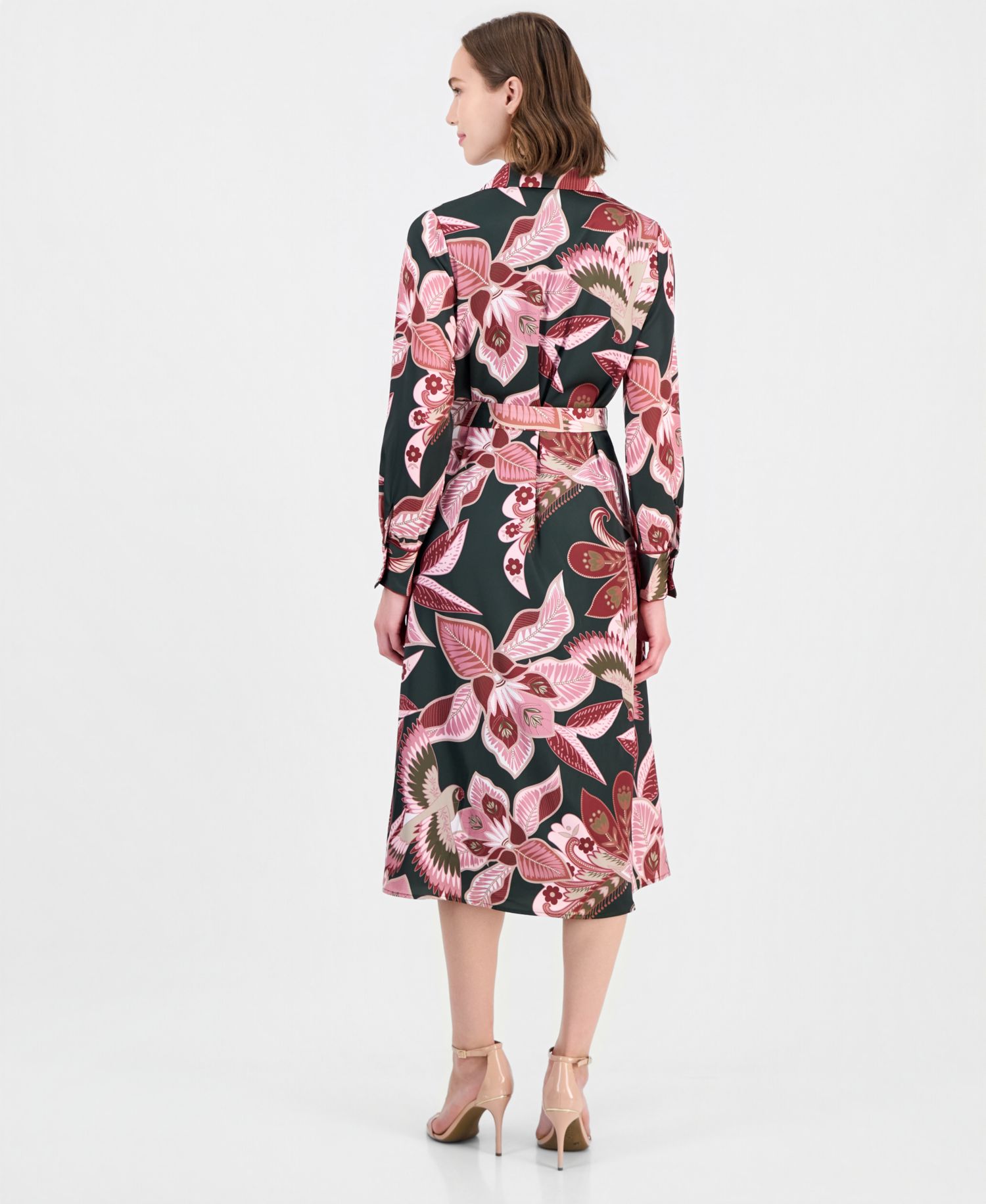 Women's Floral Long-Sleeve Fit-and-Flare Midi Dress