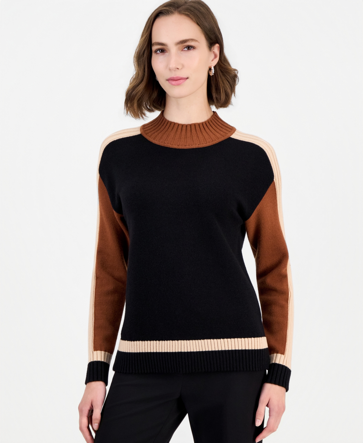 T Tahari Women's Mock Neck Long-Sleeve Colorblock Pullover