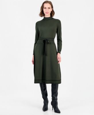 Women's Long Sleeve Mock Neck Belted Dress