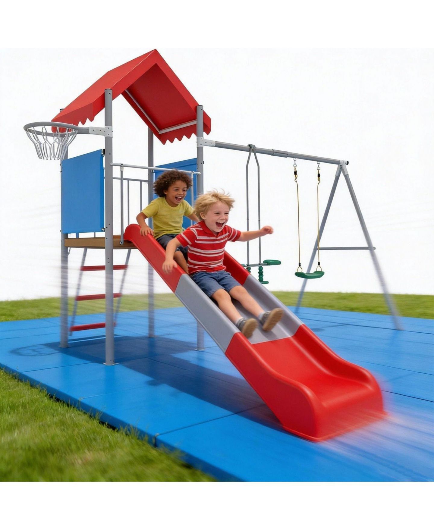 Детские игрушки homfan 112 x 110 x 97 in Kids Outdoor Treehouse with Swing and Slides, Backyard Metal Frame Play Set for Children — фото 7