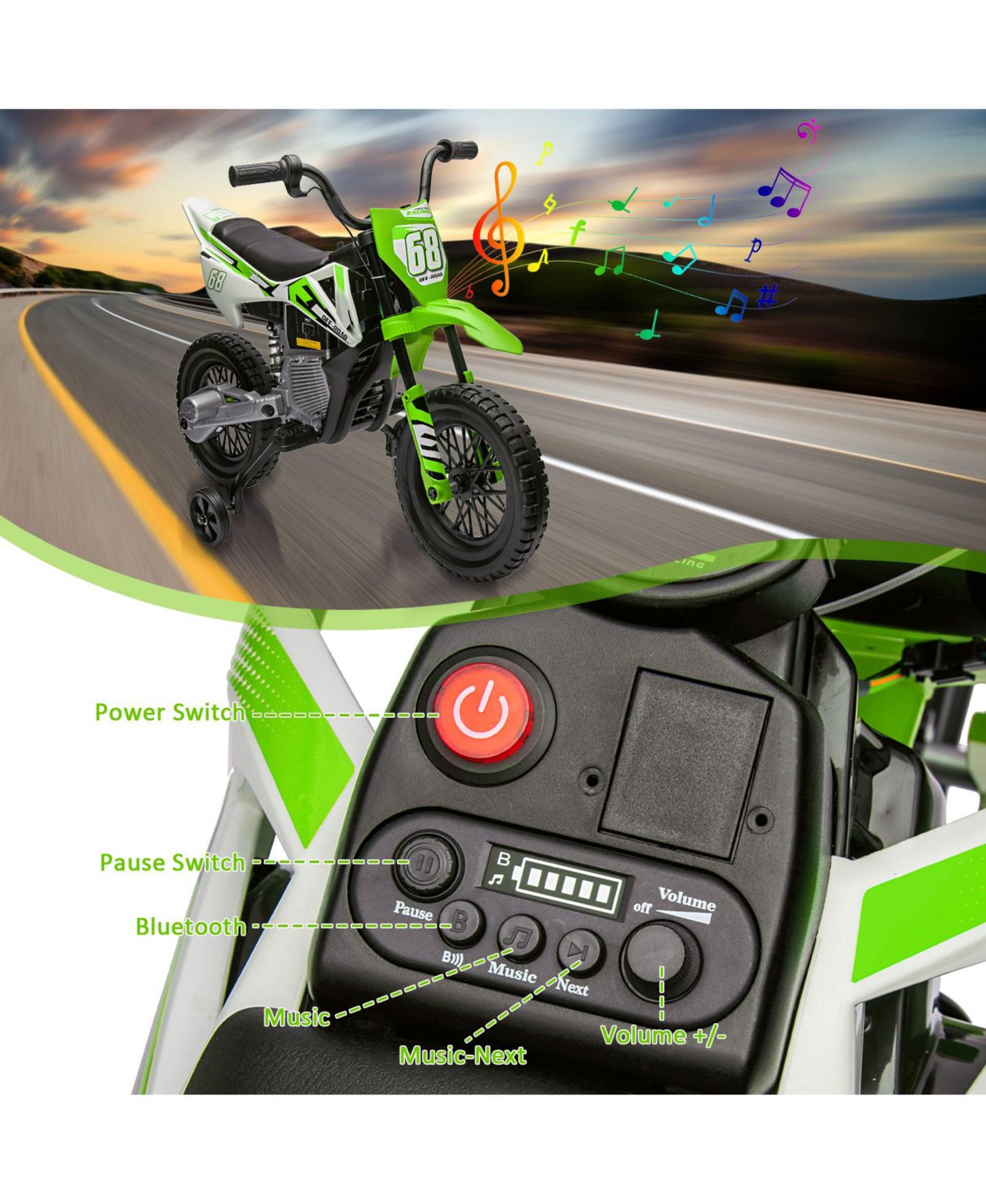 Детская игрушка homfan 12V Electric Dual Motor Dirt Bike with Training Wheels, 66 lbs Capacity, Ages 3-8, цвет: Зелёный — фото 5