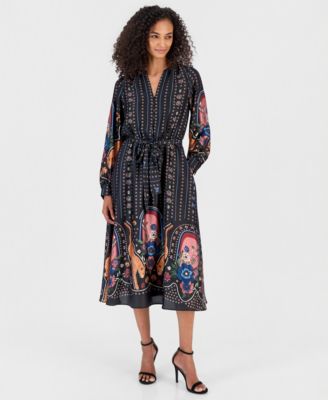 Women's Split V-Neck Long-Sleeve Fit & Flare Midi Dress