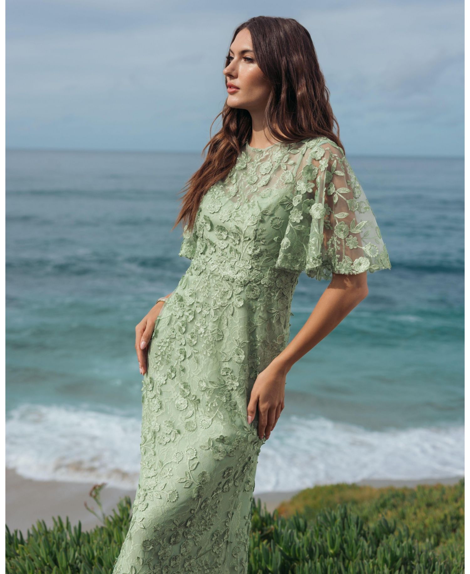 Women's Flutter Sleeve Floral Emboridered Net Gown