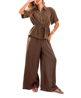 Women's Drawstring Waist Button-Down Top and Wide Leg Pants Matching Set