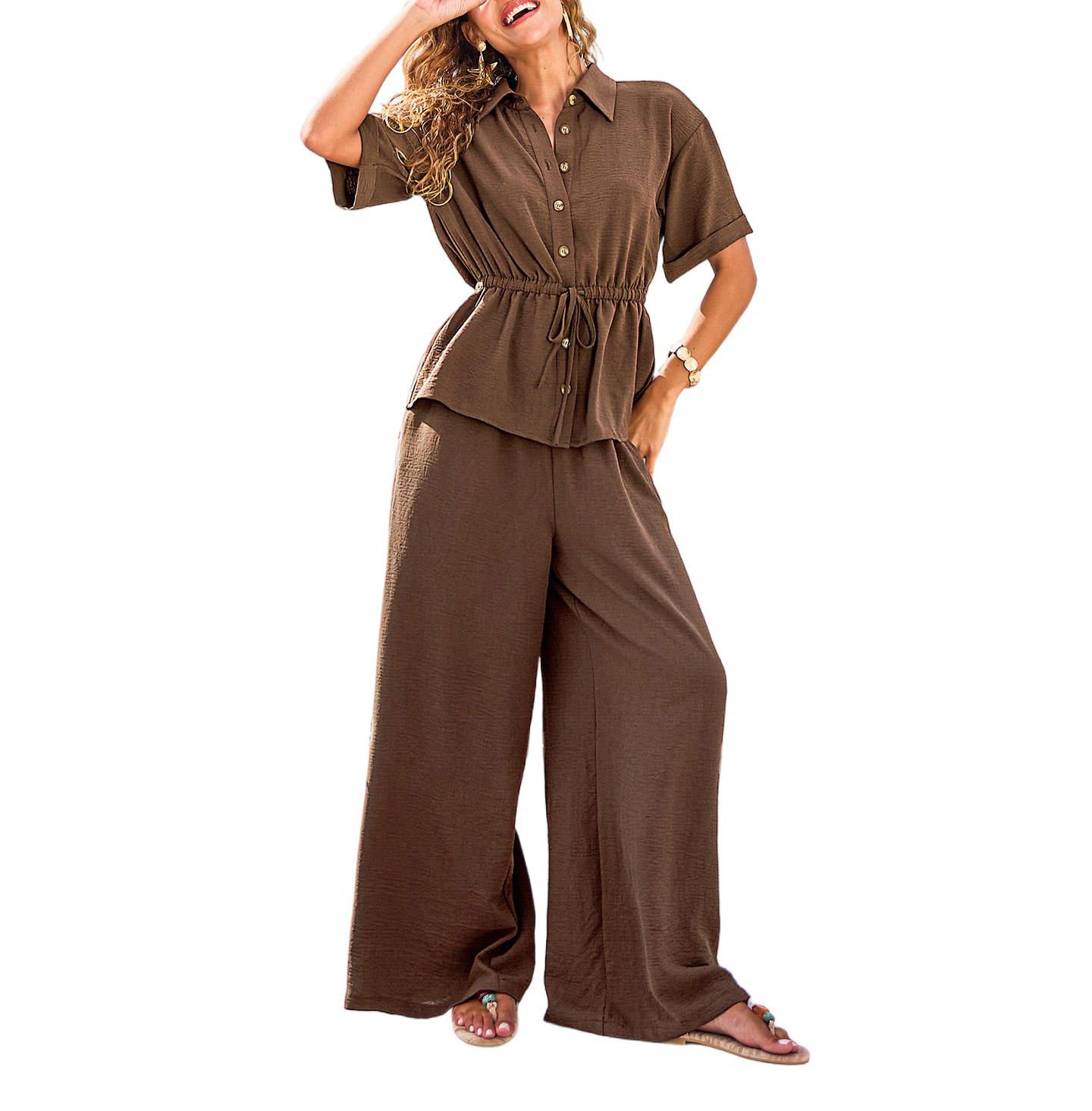 Cupshe Women's Drawstring Waist Button-Down Top and Wide Leg Pants Matching Set, цвет: Коричневый — фото 1