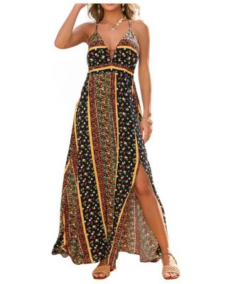 Women's Floral Print Halter Neck Side Slit Maxi Dress