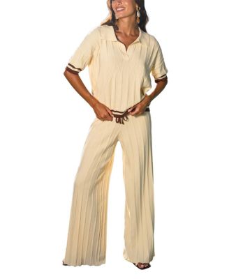 Women's Cream Ribbed Knit Polo Top and Wide Leg Pants Matching Set