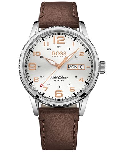 BOSS Men's Pilot Vintage Brown Leather Strap Watch 44mm 1513333