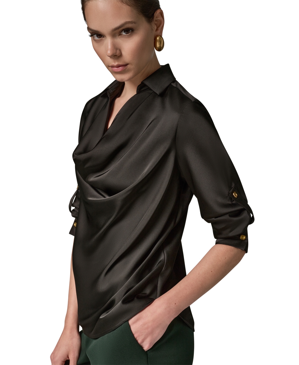 Donna Karan New York Petite Roll Sleeve Cowl Neck Top
