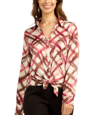 Juniors' Printed Satin Collared Button-Up Shirt