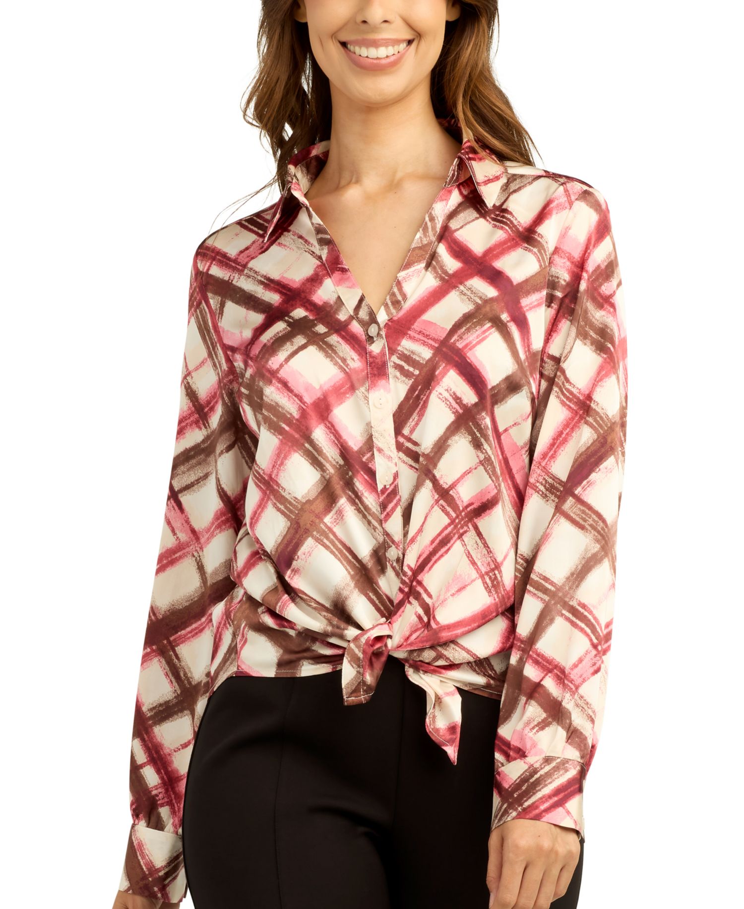 Juniors' Printed Satin Collared Button-Up Shirt