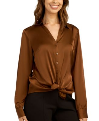 Juniors' Stretch Satin Button-Up Shirt