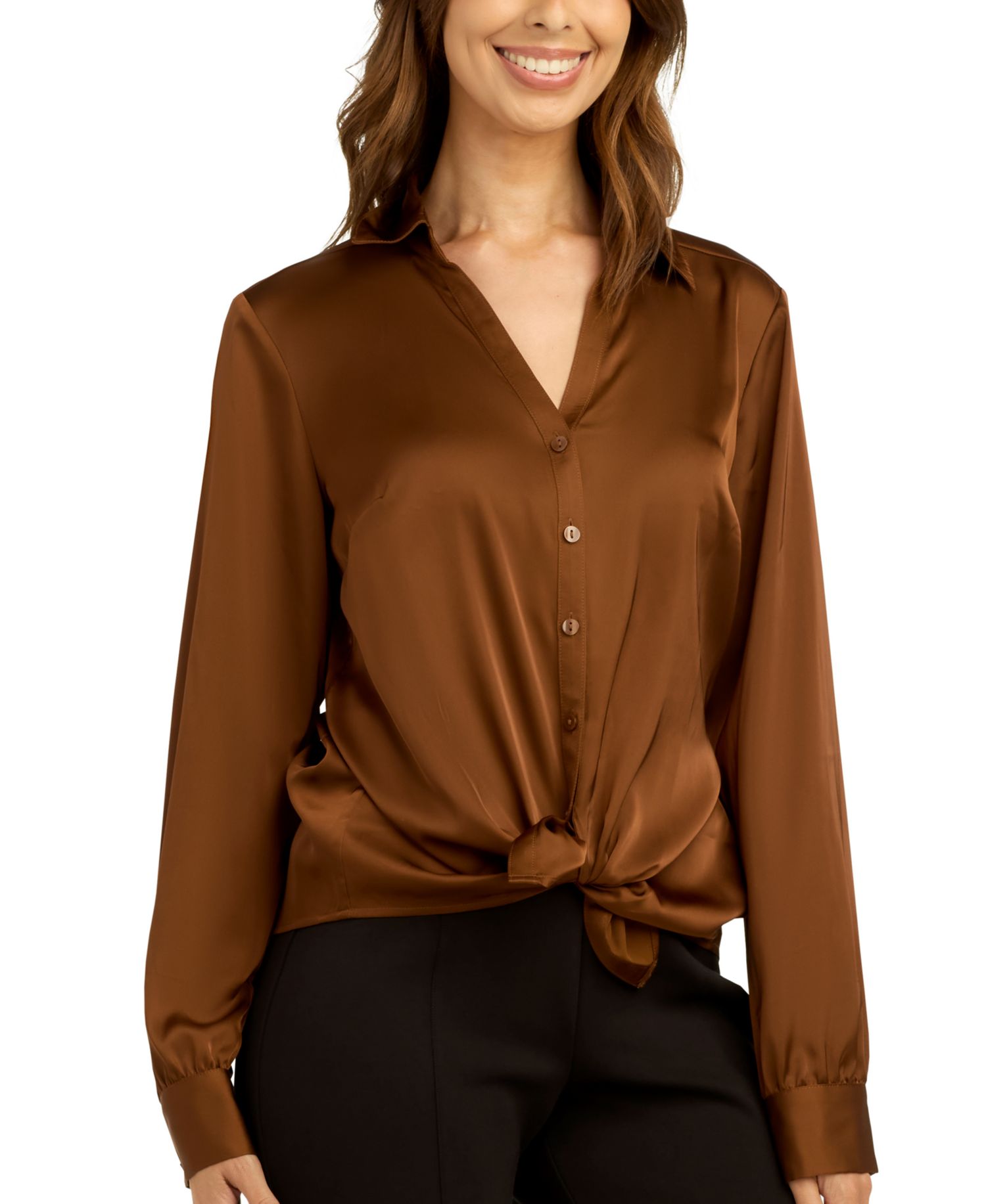 Juniors' Stretch Satin Button-Up Shirt