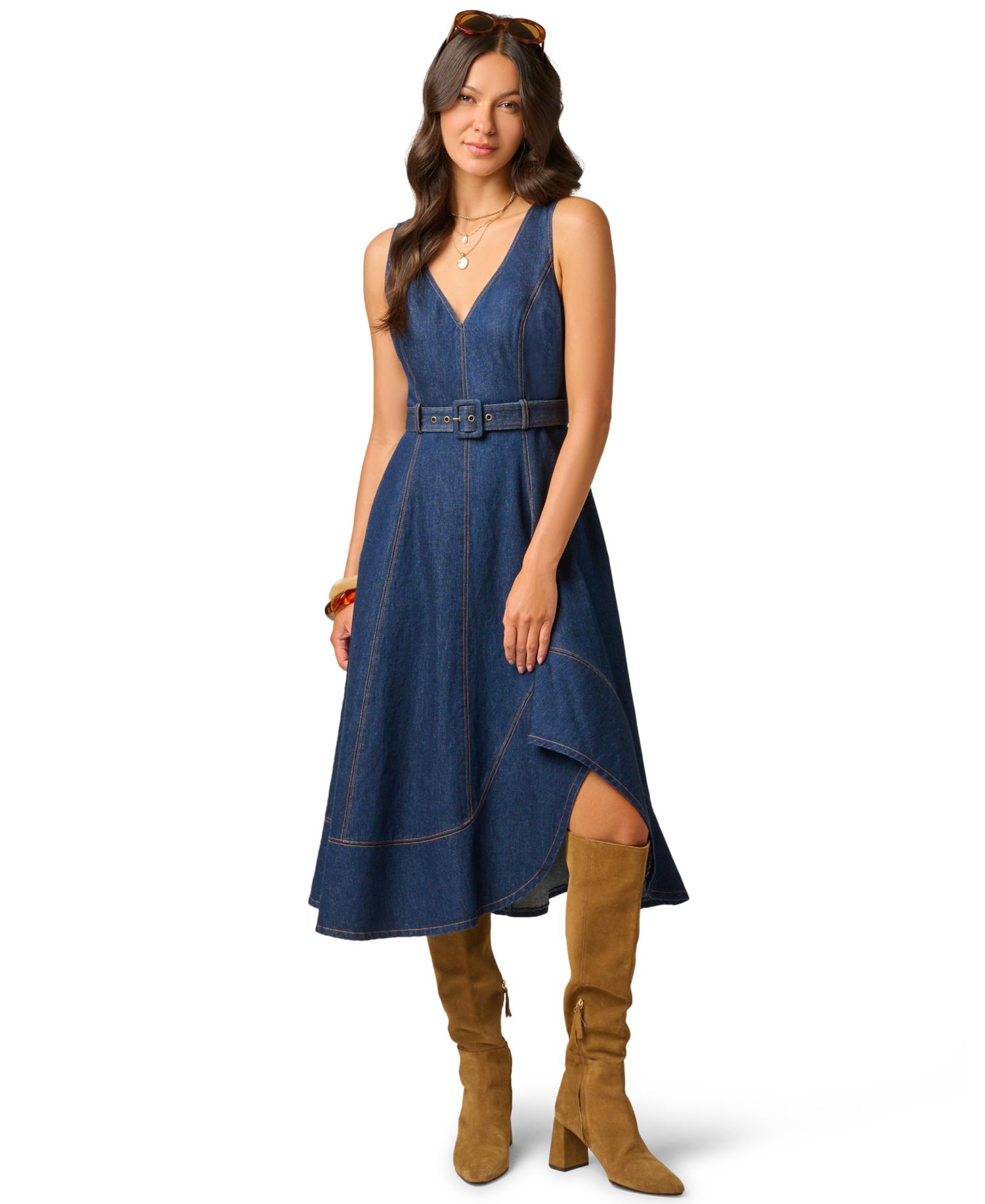 Women's V-Neck Denim Hitch Skirt Dress