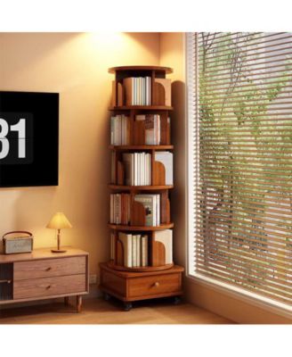 360 Degree Rotating 6-Tier Corner Bookshelf with Wheels