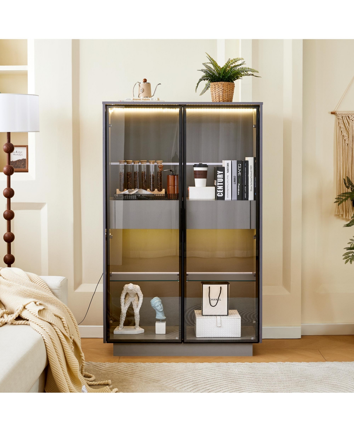 flynama 60.6 Inch Freestanding Glass Door Display Cabinet Led Light Adjustable Shelves Home Storage Cabinet
