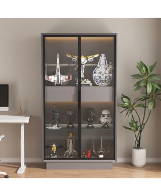 60.6 Inch Freestanding Glass Door Display Cabinet LED Light Adjustable Shelves Home Storage Cabinet