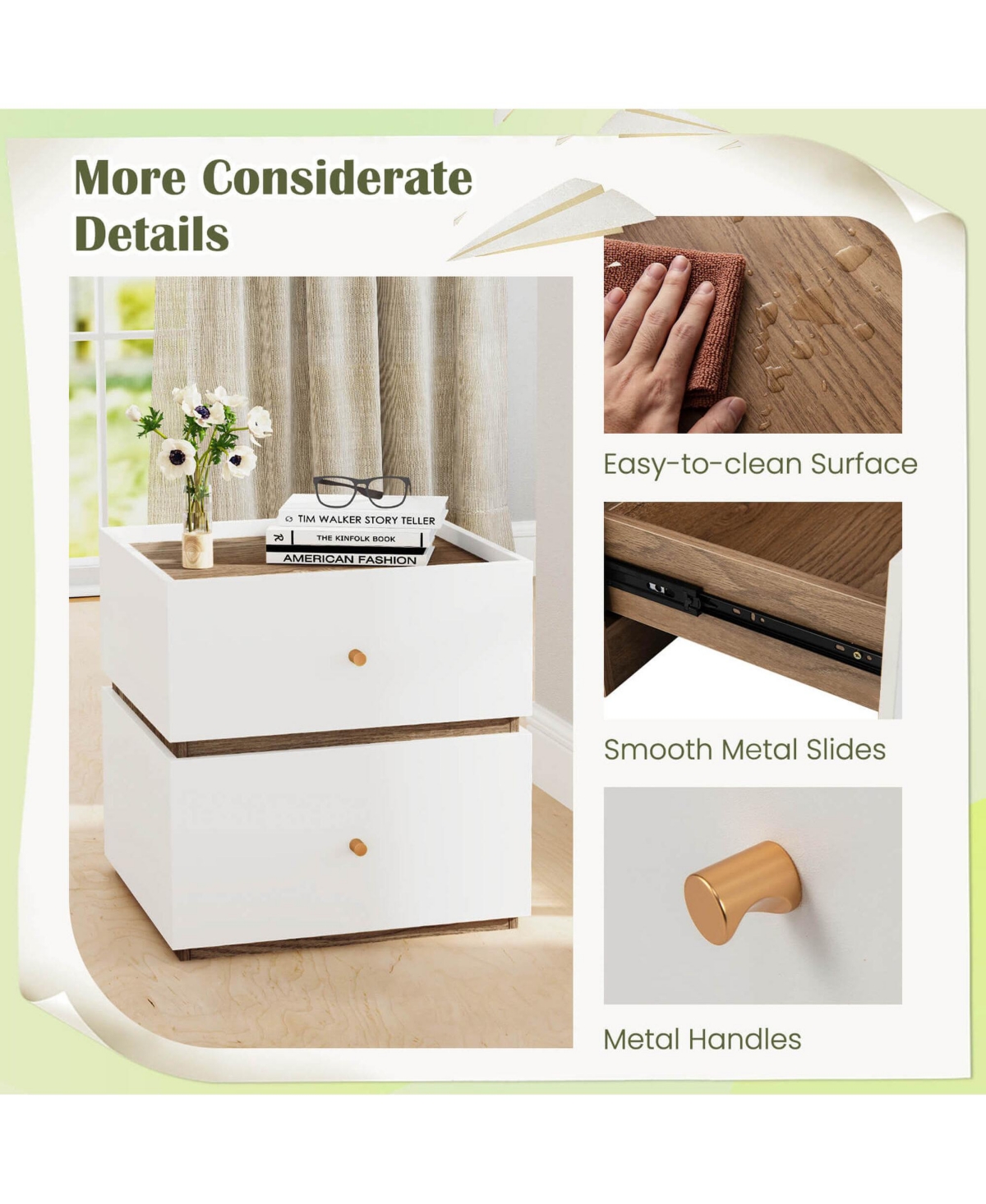 Costway 1 Pieces 2-Drawer Nightstand Modern Bedside Table with Storage Raised Edge for Living Room