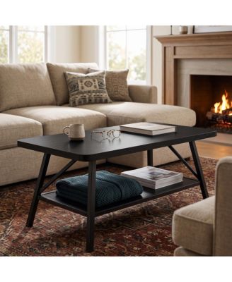 Rectangle Coffee Table for Living Room with Round Corners, Industrial 39 Inch Rectangle Small Coffee Table with 2-Tier Storage Shelf, Easy Assembly