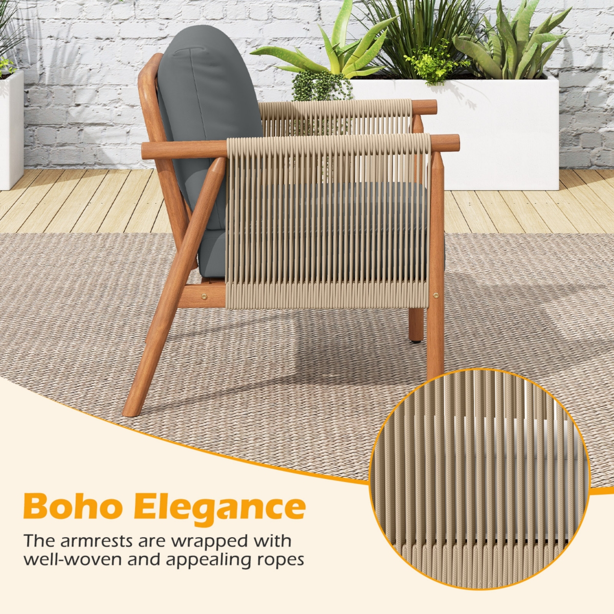 Costway Patio Acacia Wood Chair with Woven Rope Armrests and Seat Back Cushions for Backyard