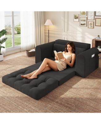 59" Corduroy Folding Sofa Bed with Round Armrests-Convertible, Back-Friendly Folding Bed-No Assembly Required-Living Room/Bedroom Floor Sofa