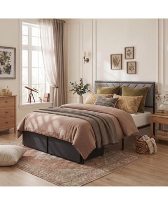 Modern Upholstered Platform Bed with 2 Storage Drawers and Built-In Power Outlet, Heavy-Duty Steel Slats, No Box Spring Needed, V-Channel Headboard