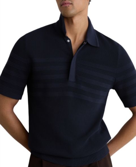 Мужское поло REISS Falklands Cotton-Blend Textured-Knit Half-Zip Polo Shirt, цвет: Тёмно-синий
