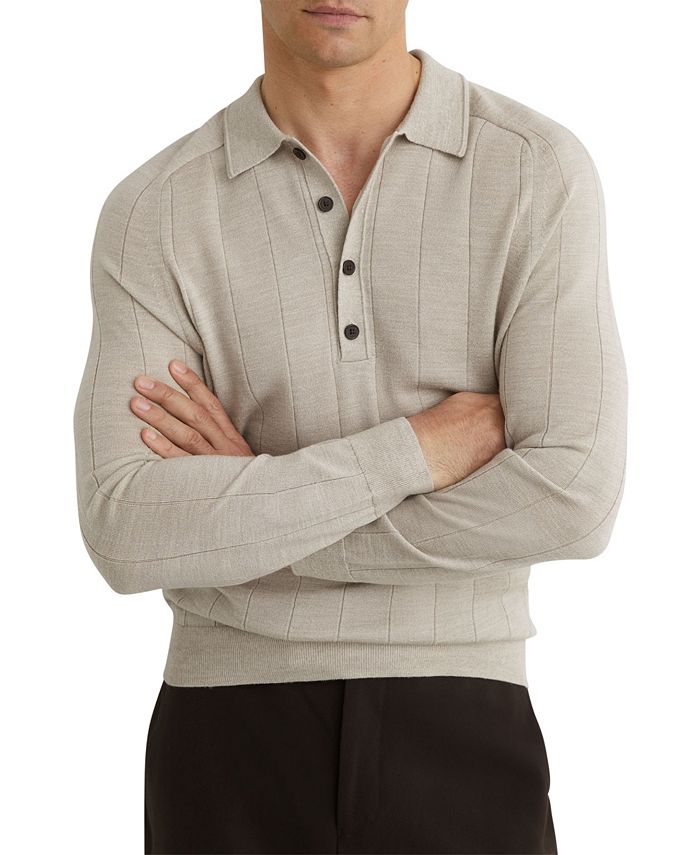 Reiss Mens Greyson Merino Wool Wide Rib Polo Shirt