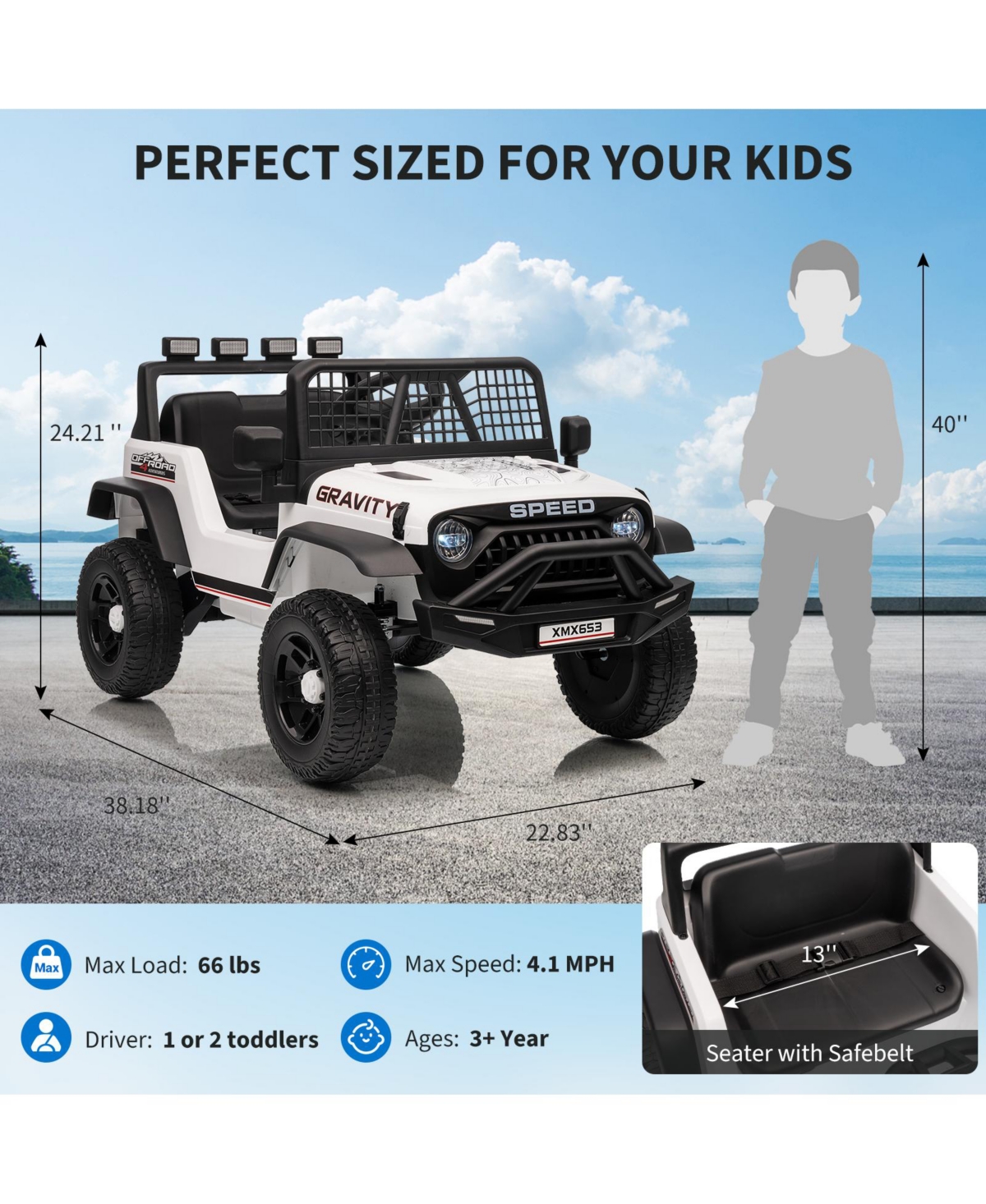 homfan 12V Electric Ride-On Truck, Remote Control, 3 Speeds up to 5MPH, Coil Suspension, Led Lights, Music, Rechargeable Battery, Single Seat, Perfect