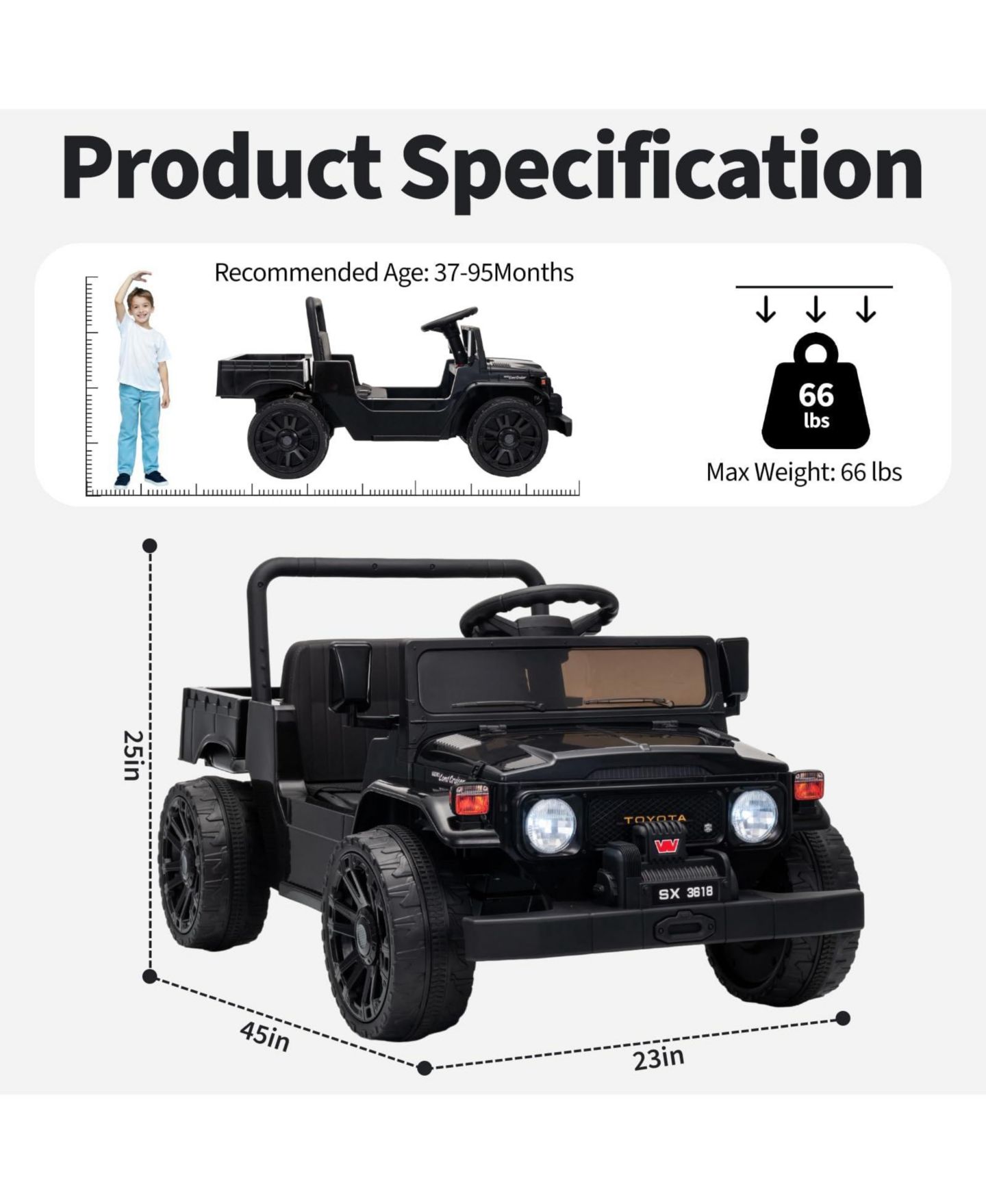 Детская игрушка homfan Licensed Toyota Pickup Metal 12V Battery Powered with Remote Control Ride-On, 66 lbs Capacity, Ages 3-6, цвет: Чёрный — фото 2