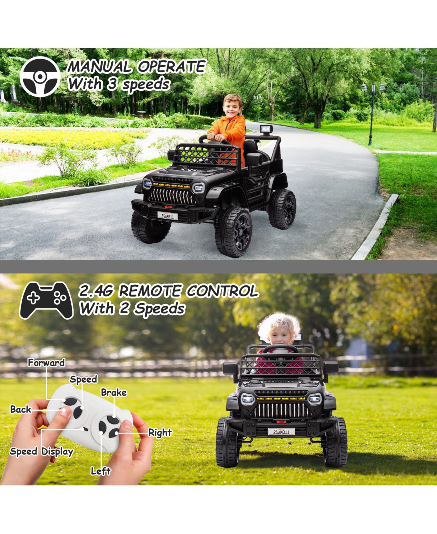Детская игрушка homfan Ride On Truck, Battery Powered Electric Toy for Kids with 2.4G Remote Control, 4-Wheel Spring Suspension, LED Lights, Music, цвет: Чёрный — фото 4