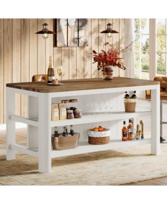 Solid Wood Bar Table, 63-Inch Counter Height Pub Table with Storage Shelves, Rectangular High Home Bar Furniture