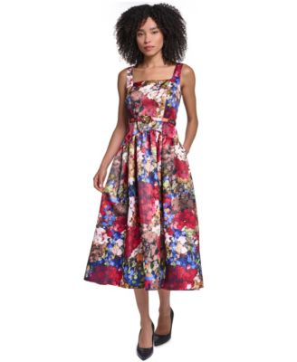 Women's Printed Satin Drop Waist Midi Dress