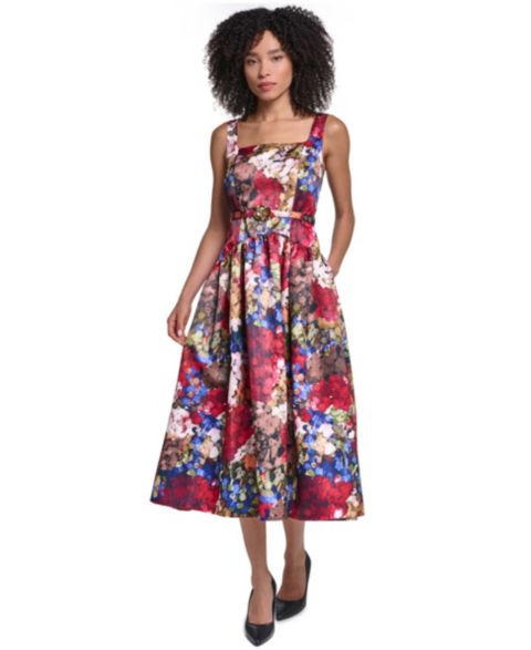 Женское платье KARL LAGERFELD PARIS Printed Satin Drop Waist Midi, цвет: Разноцветный