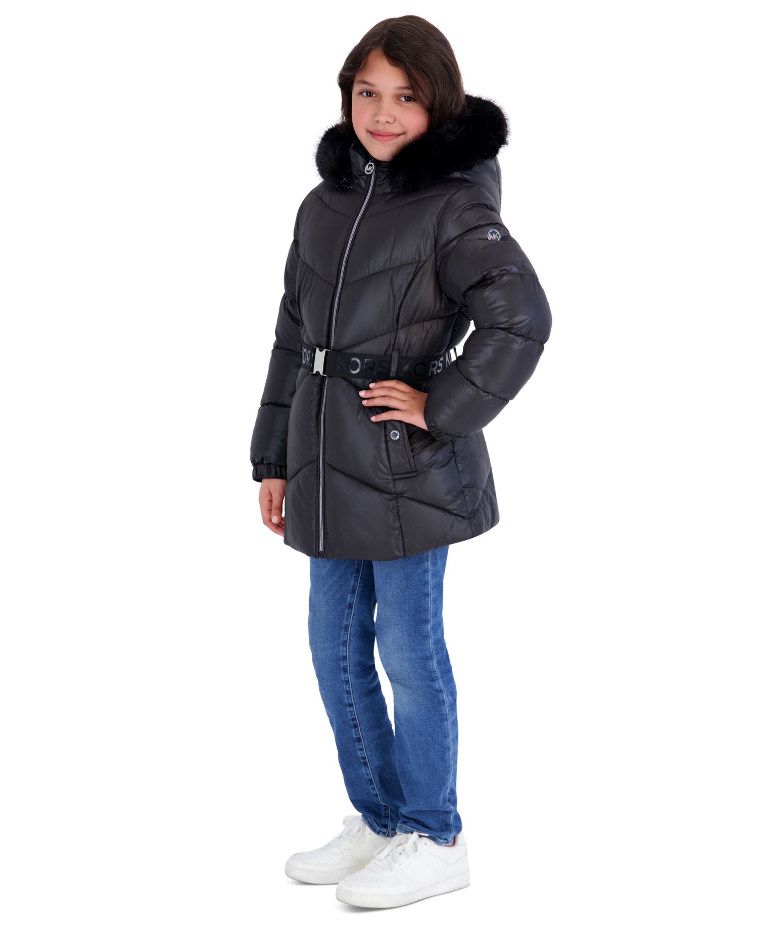 Girls' 5-16 MK Logo Belted Stadium Length Long-Sleeve Jacket